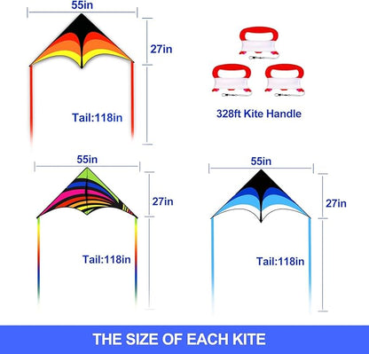 3 Pack Delta Kite Set for Adults and Kids, Single Line Beach Kites for Boys & Girls, Three Handle with String Included
