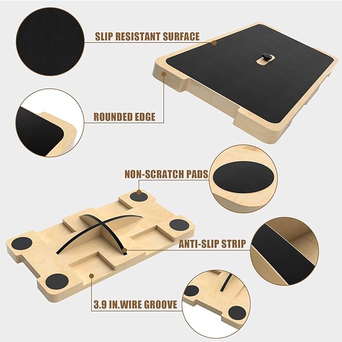 2-in-1 Wood Fitness Board, Resistance Band Workout Footplate and Professional Wooden Balance Board, Exercise Platform with Non-Slip Surface for Stretching, Strength, Flexibility and Balance for Total Body Home Gym