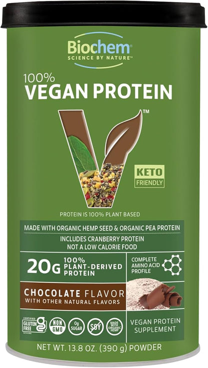 Biochem Vegan Protein Powder ??20g Plant-Based Protein with Pea, Hemp & Cranberry ??Chocolate Flavor ??Keto Friendly, Certified Vegan, Gluten Free, Kosher ??13.6 oz