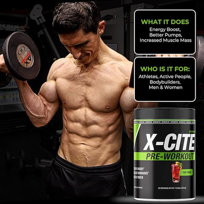 X-CITE Pre-Workout by ATHLEAN-X - Enhanced Formula with Beta-Alanine, Creatine & Caffeine for Ultimate Energy, Endurance, Focus & Muscle Pump, NSF Certified for Sports (22 Servings, Sour Green Apple)