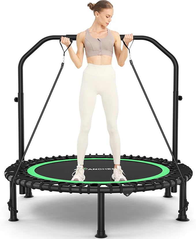ANCHEER 40" Foldable Mini Trampoline,Max Load 450lbs/550lbs Indoor Trampoline,with 4 Level Adjustable Foam Handle and Resistance Bands,Adult Exercise Trampoline for Home, Garden, and Gym