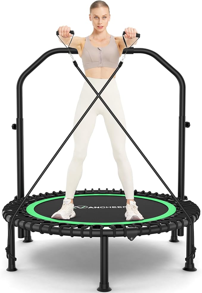 ANCHEER 40" Foldable Mini Trampoline,Max Load 450lbs/550lbs Indoor Trampoline,with 4 Level Adjustable Foam Handle and Resistance Bands,Adult Exercise Trampoline for Home, Garden, and Gym