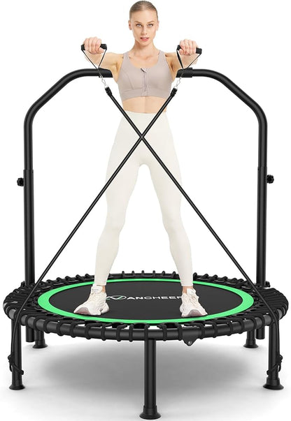 ANCHEER 40" Foldable Mini Trampoline,Max Load 450lbs/550lbs Indoor Trampoline,with 4 Level Adjustable Foam Handle and Resistance Bands,Adult Exercise Trampoline for Home, Garden, and Gym