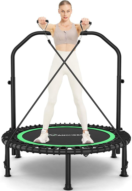ANCHEER 40" Foldable Mini Trampoline,Max Load 450lbs/550lbs Indoor Trampoline,with 4 Level Adjustable Foam Handle and Resistance Bands,Adult Exercise Trampoline for Home, Garden, and Gym