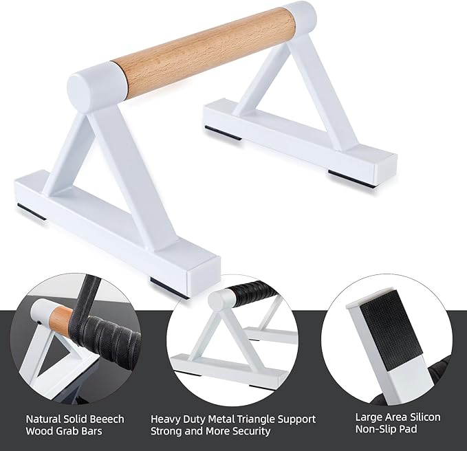 1 Pair Wooden Parallettes Push Up Bars for Men, Strength Training Pushup Stands Handles for Home Calisthenics, Fitness, Floor Workouts Solid Wood with White Metal Bracket - Support 500 lbs