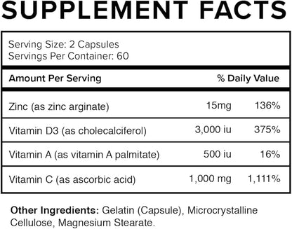 Immune Up High-Absorption Vitamin C, D3, A + Zinc | Immune Support | Improve Cellular Health | Microbial Defense | 120 Capsules (60 Day Supply)