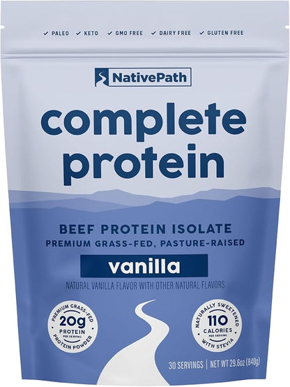 NativePath Complete Beef Protein Powder Isolate ??Grass-Fed, Pasture-Raised, Dairy & Lactose Free, Gluten Free, Zero Sugar, MCTs & Amino Acids ??20g Protein, Vanilla Flavor, 30 Servings