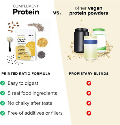 Complement Organic Vanilla Vegan Protein Powder (15 Servings) Low Carb, Low Calorie, Sugar Free, Soy Free, Non-GMO, Gluten Free, Non Dairy- Yellow Pea, Pumpkin Seed- 15g Plant Based Protein Powder