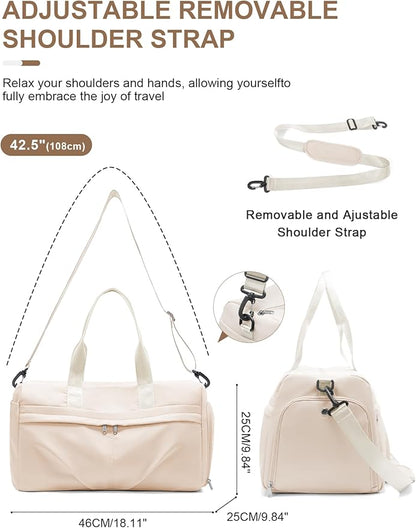 Gym Bag for Women Men with Shoe Compartment, Sport Duffel Bag, Waterproof Travel Weekender Overnight Carry on Bag for Yoga with Trolley Sleeve, Beige