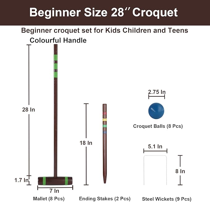 28In Croquet Party Set for 8 Players - Made of Long-Lasting Pine Wood, Family Fun for Backyards, Camping and More, Comes with Colorful Mallets, PE Balls, Wickets, Stakes, and Carrying Bag