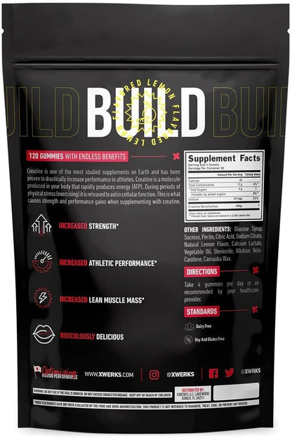 Xwerks Build Creatine Gummies for Men and Women, 120 Count, 100% Pure Creatine Monohydrate, Watermelon Flavored Muscle Building Gummies 4g Per Serving, Pre Workout Anti Melting, 5000mg Total Creatine