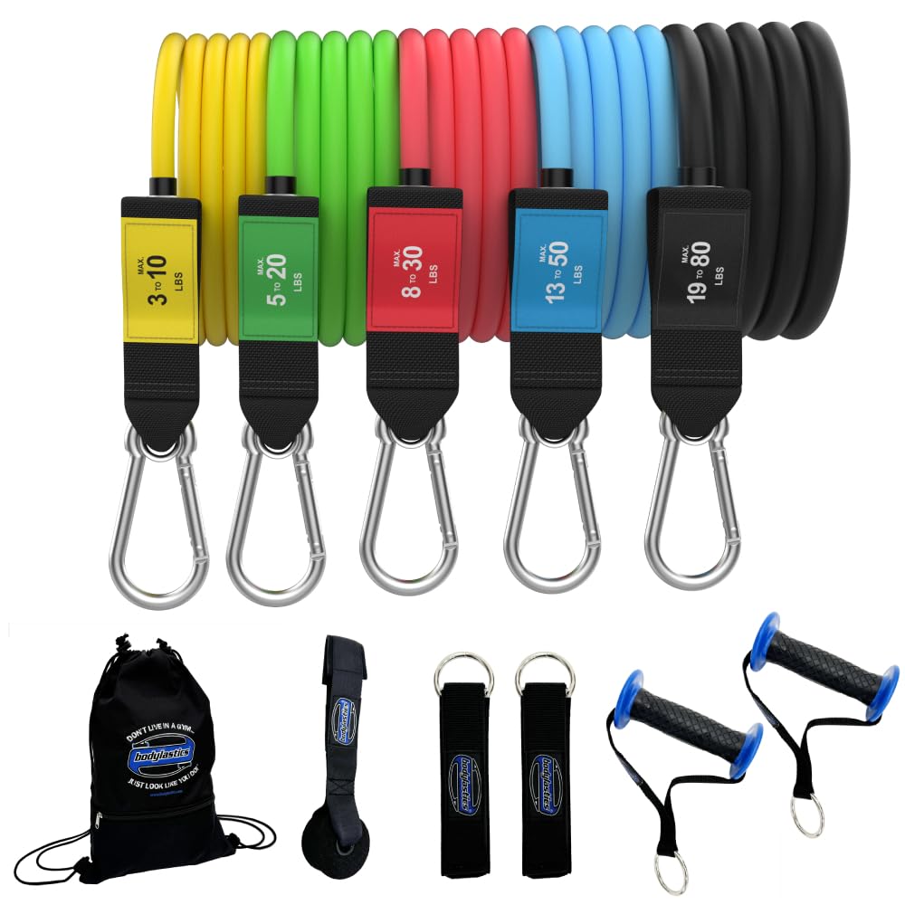 Bodylastics Pro Series Resistance Band Set - 5 Bands, Handles, Ankle Straps, Door Anchor, Carry Bag