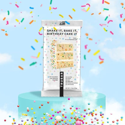 TRUBAR Vegan Protein Bar, Shake it Bake it Birthday Cake it, Gluten Free, Plant Based Protein, Dairy Free, Non GMO, Soy Free, No Sugar Alcohols, 12G Protein, 12G Fiber, 23G Carb, On the Go Snack Bars, 12 ct
