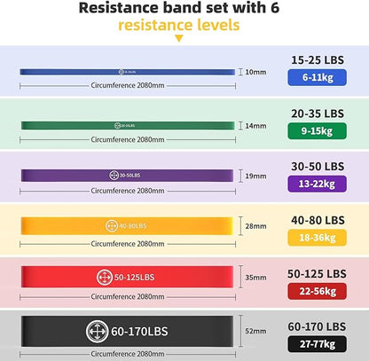 Exercise Bands，Set of 6 Resistance Bands for Working Out,Pull Up Bands Set,at Home Workout Equipment,Workout Bands for Men and Women,Instruction Guide and Carry Bag Included