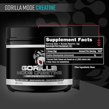 Gorilla Mind Creatine Monohydrate Micronized Powder,Improved Muscle Size, Power Output and Strength, 5 Grams per Servings, 30 Servings