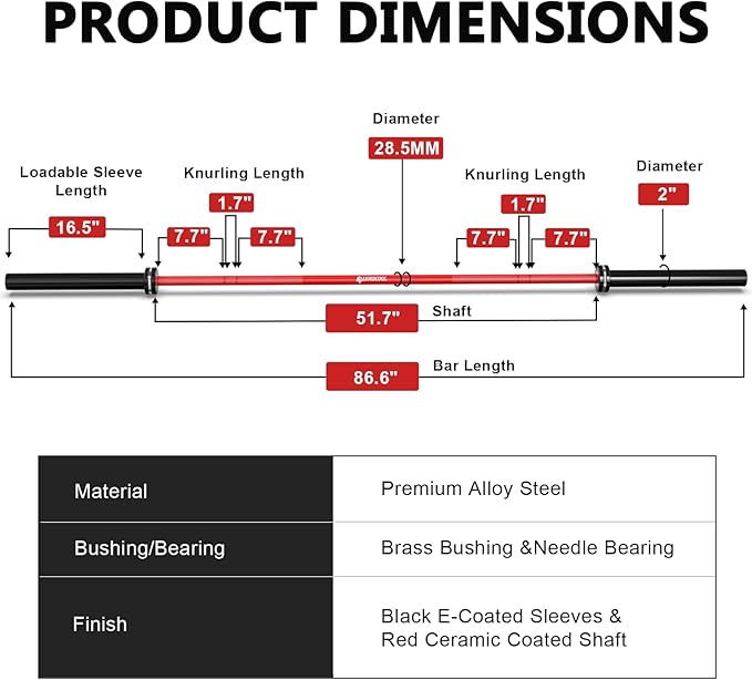 LIONSCOOL 7FT Olympic Barbell for Weightlifting, Power Lifting, 2 Inch Strength Training Bar for Squats, Deadlifts, Presses, Rows, Curls - 700lbs/1000lbs/1500lbs Capacity