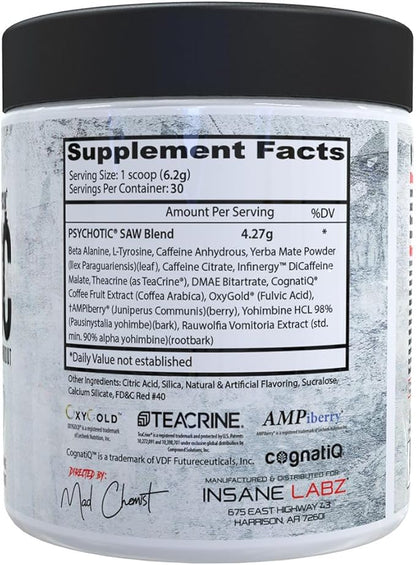 Insane Labz Psychotic SAW®, High Stim Pre Workout Powder with OxyGold­??and AMPiberry®, Extreme Lasting Energy with Teacrine®, Focus with CognitIQ® and Endurance with Beta Alanine, 30 Srvgs,Watermelon