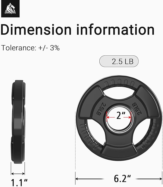 LIONSCOOL 2-Inch Rubber Olympic Grip Weight Plates for Strength Training, Weightlifting, Solid Cast Iron Plate for Barbell in Single/Pair/Set for Home & Gym (2.5-45LB), One Year Warranty
