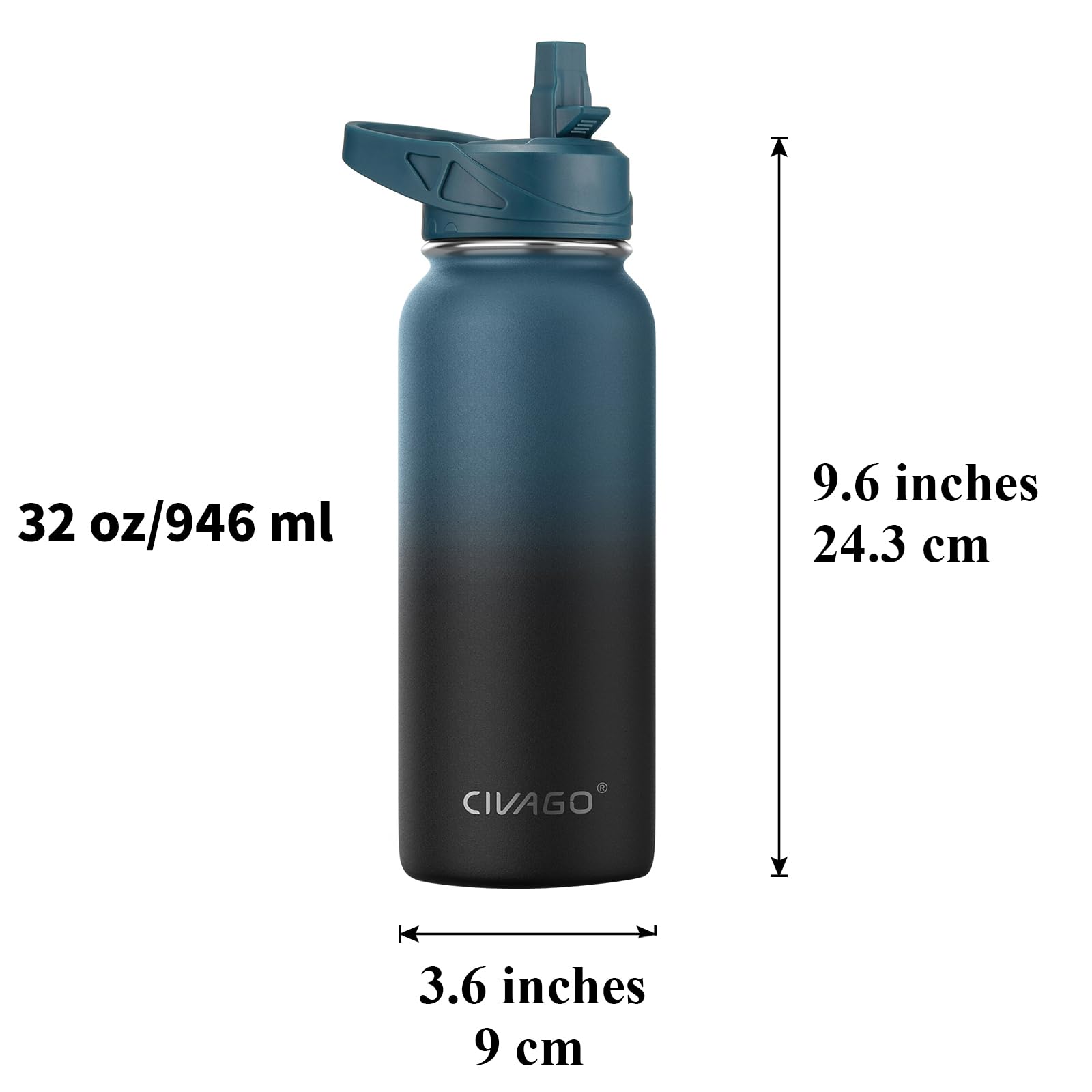 CIVAGO 32 oz Insulated Stainless Steel Water Bottle With Straw and 3 Lids