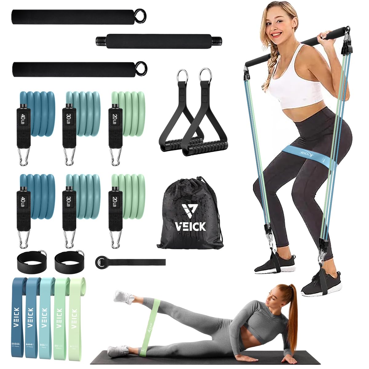 VEICK Pilates Bar Kit with Resistance Bands, Elastic Workout Bands for Men and Women, Set of 5