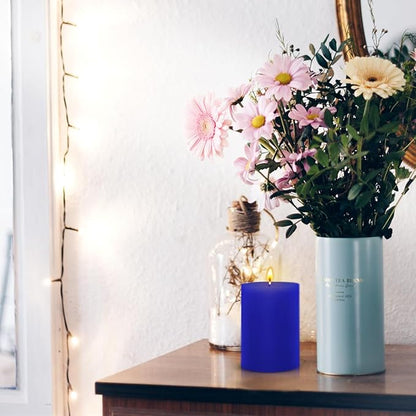 6 Packs 2.75x3.25 Inch Blue Colored Pillar Candles, Unscented Dripless Non-Toxic Smokeless Clean Long Lasting Burning Cylinder Candles for Home Dinner Table Decoration Emergency Power Outage