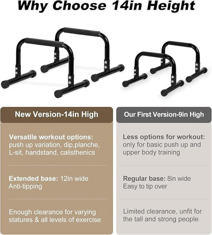 TABEKE Push Up Bar, 14'' High Steel Parallettes & Dip Bar with Full Coverage Foam Handle, Heavy-Duty Calisthenics Parallel Bars for L-Sit, Dips, Home Gym Strength Training Workout