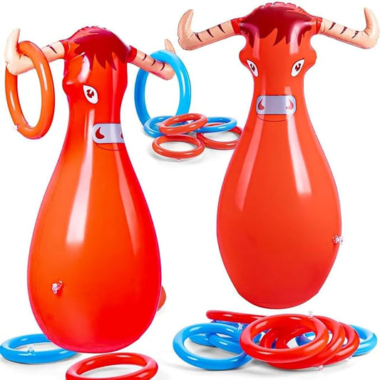 Inflatable Bull Toss Ring Game Set Include 2 Inflatable Bull 12 Rings for Summer Outdoor Beach Pool