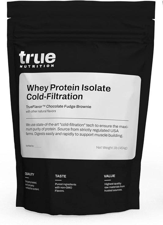 True Nutrition - Chocolate Whey Protein Isolate Cold-Filtration -100% Whey Protein Powder -27g Protein per Serving - Mixes Easily and Tastes Great - Third Party Tested - Chocolate Fudge Brownie - 1lb
