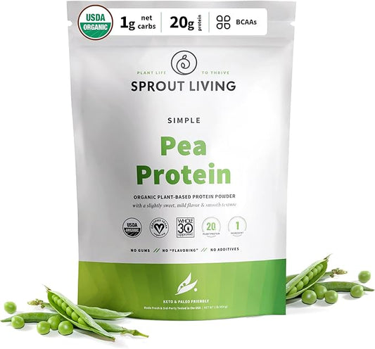 Sprout Living Organic Pea Protein Powder, Unflavored, 20 Grams of Plant Based Organic Protein Powder Without Artificial Sweeteners, Non Dairy, Non-GMO, Vegan, Gluten Free (1 Pound, 19 Servings)