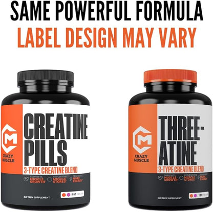 Crazy Muscle Creatine Monohydrate Pills, Premium 3 Type 5g Creatine Pills, Pre and PostWorkout & Keto Energy Builder, Easy to Take Three-Atine for Optimum Performance Men Women, 180 Tablets