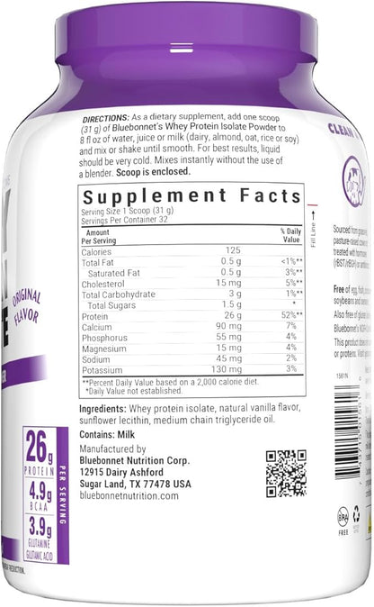 Bluebonnet Nutrition Whey Protein Isolate Powder, Whey from Grass Fed Cows, 26 Grams of Protein, No Sugar Added, Gluten Free, Soy Free, Kosher Dairy, 2.2 lbs, 32 Servings, Original Unflavored