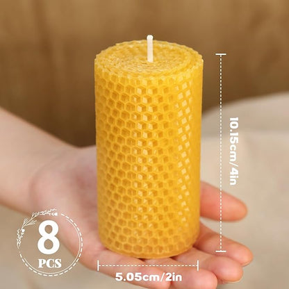 8 Packs Hand-Rolled Beeswax Candles, Handcrafted Honeycomb Beeswax Pillar Candles, Natural Bee Farm Gifts for Candle Lovers,Home Decor, Air Purify (2x4 in)