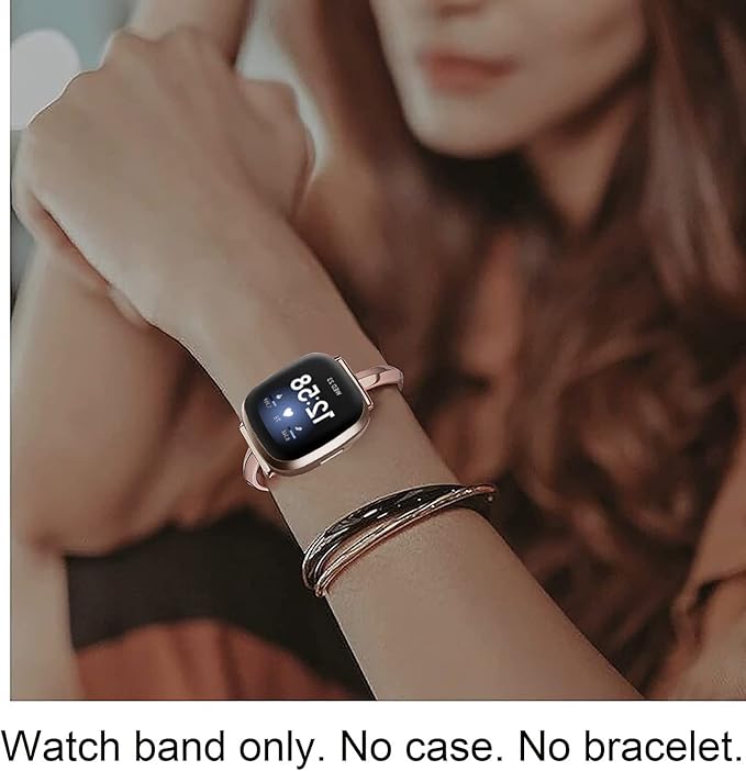 Silm Band Compatible with Fitbit Versa 4/Fitbit Sense 2 Band Cute Women, Bling Jewelry Metal Strap Replacement Compatible for Fitbit Sense/Versa 3 Women (Rose Gold)