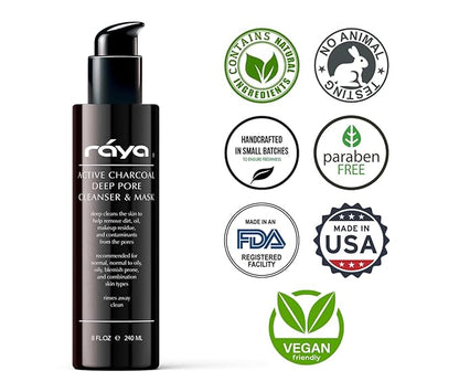 Raya Active Charcoal Deep Pore Facial Cleanser and Mask (121) | Deep Pore Cleansing Fluid for Combination, Oily, and Blemished Skin | Can Be Used as a Deep Pore Detox Mask for Combination Skin