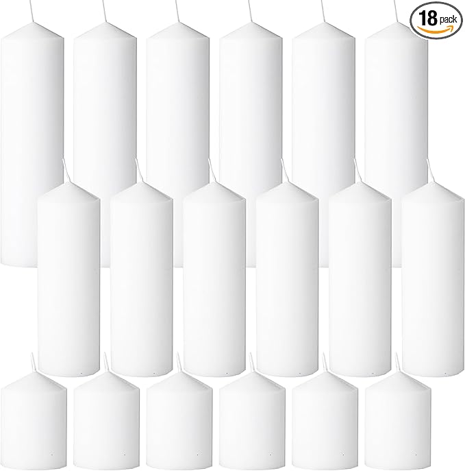 18 Pcs White Pillar Candles Bulk Set，Hurricane Candlesï¼? Different Lengths (6 Each)，Dripless Unscented Smokeless，Gives You a Better Atmosphere When Organizing an Event Party.