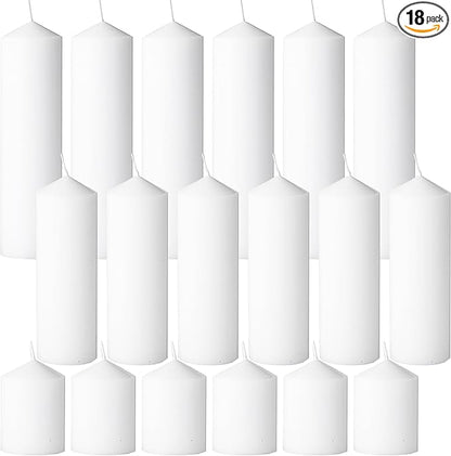 18 Pcs White Pillar Candles Bulk Set，Hurricane Candlesï¼? Different Lengths (6 Each)，Dripless Unscented Smokeless，Gives You a Better Atmosphere When Organizing an Event Party.