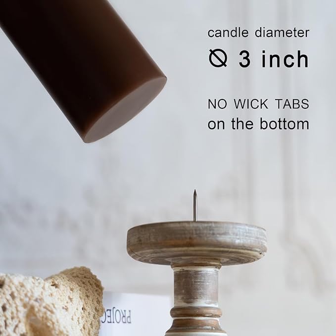 MOZEAL 3" x 8" Hand-Poured Unscented Candles,Large Brwon Pillar Candles Set of 2,No Drip,Approx 120 Hours Long Burning,Wedding,Dinner,Christmas and Home Decor（3 Inch Diameter 8 Inch Height）