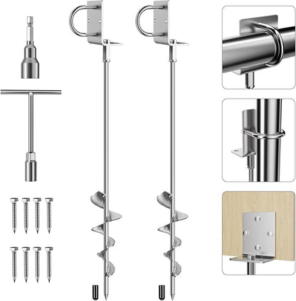 Phopich Multi-Purpose Ground Anchors Screw in, 28in Fully Welded Heavy Duty Trampoline Stakes with Brackets, T-Wrench and Adapter for Drill, Earth Anchor kit for Mobile Home, Trampoline, Shed 2Pack