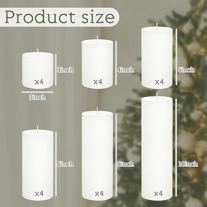 Shihanee 24 Pcs Pillar Candles 3 in x 3,4,5,6,8,10 Dripless Unscented Smokeless Candle Long Burning Decorative Rustic Candles with Cotton Wick for Wedding Home Fireplace (White)