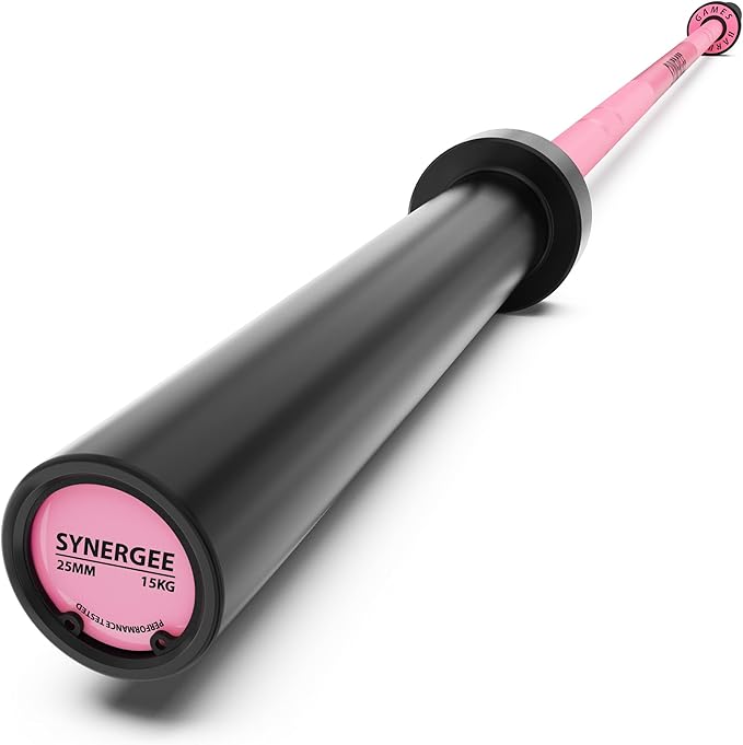 Synergee Games 15kg and 20kg Colored Ceramic Coated Barbells. Rated 1500lbs for Weightlifting and Powerlifting. Black, Red, Grey, Pink