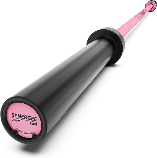 Synergee Games 15kg and 20kg Colored Ceramic Coated Barbells. Rated 1500lbs for Weightlifting and Powerlifting. Black, Red, Grey, Pink