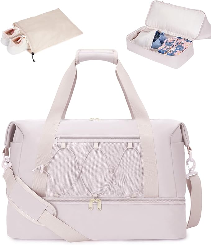 sportsnew Gym Travel Bag for Women, Large Travel Duffel with Shoe Compartment and Wet Pocket, Water Resistant Weekender Overnight Carry on Sports Tote Bags, Beige,Patent Pending