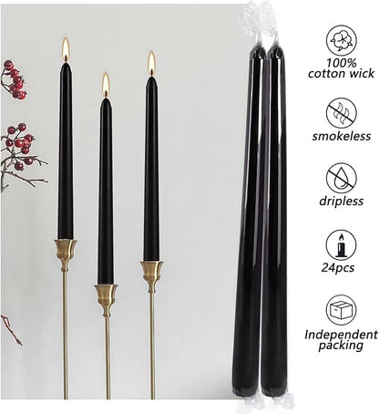 24 Pack Black Taper Candles, 7-8 Hours Burn Time, Unscented, Smokeless and Dripless, 0.75 x 10 Inch Dinner Candle Set for Halloween, Household, Wedding, Party and Home Décor Candlesticks
