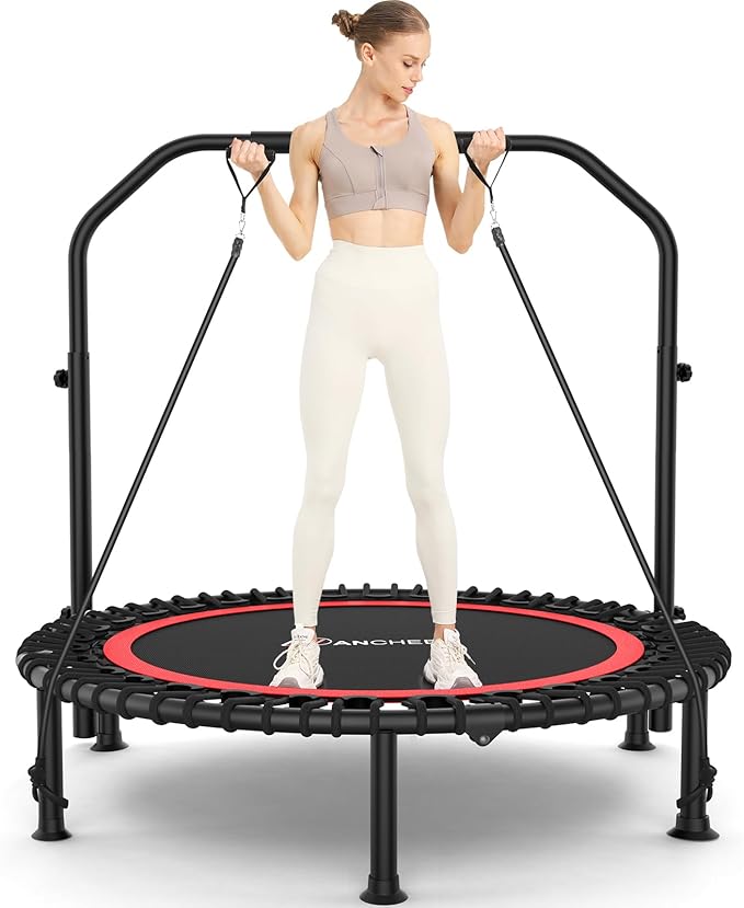 ANCHEER 40" Foldable Mini Trampoline,Max Load 450lbs/550lbs Indoor Trampoline,with 4 Level Adjustable Foam Handle and Resistance Bands,Adult Exercise Trampoline for Home, Garden, and Gym