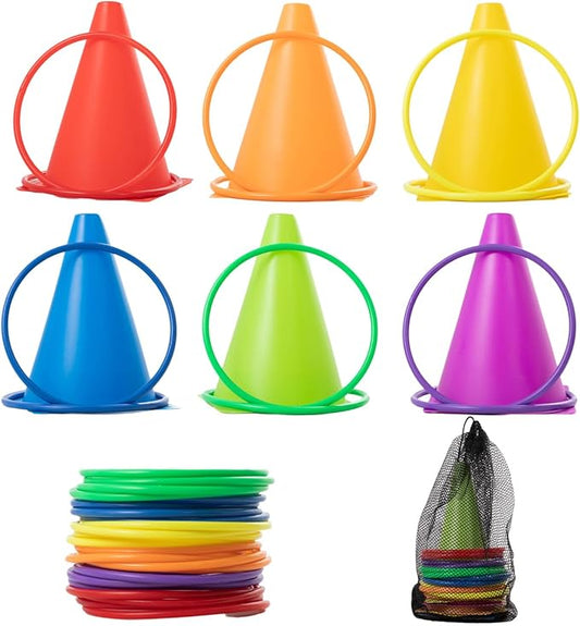Generic 30 pcs Carnival Games Set Plastic Colorful Cones Ring Toss Combo Set Outdoor Carnival Games for Kids Adults Birthday Party Outdoor Throwing Games