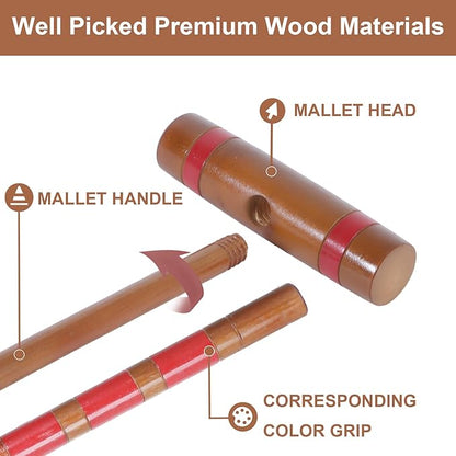 28In Croquet Party Set for 8 Players - Made of Long-Lasting Pine Wood, Family Fun for Backyards, Lawn and More, Comes with Colorful Mallets, PE Balls, Wickets, Stakes, and Carrying Bag