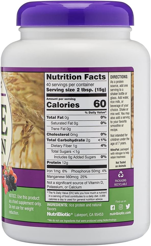 NutriBiotic ??Mixed Berry Rice Protein, 1 Lb 5 Oz (600g) | Low Carb, Keto-Friendly, Vegan, Raw Protein Powder | Grown & Processed Without Chemicals, GMOs or Gluten | Easy to Digest & Nutrient-Rich