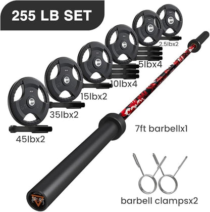 7FT Olympic Barbell Bar with Weight Plate Set Combo, Solid Olympic Bar with Bearings, 700Lbs Capacity Weight Bar for Home Gym Strength Training, Weightlifting, Powerlifting, Fit for 2" Olympic Plates