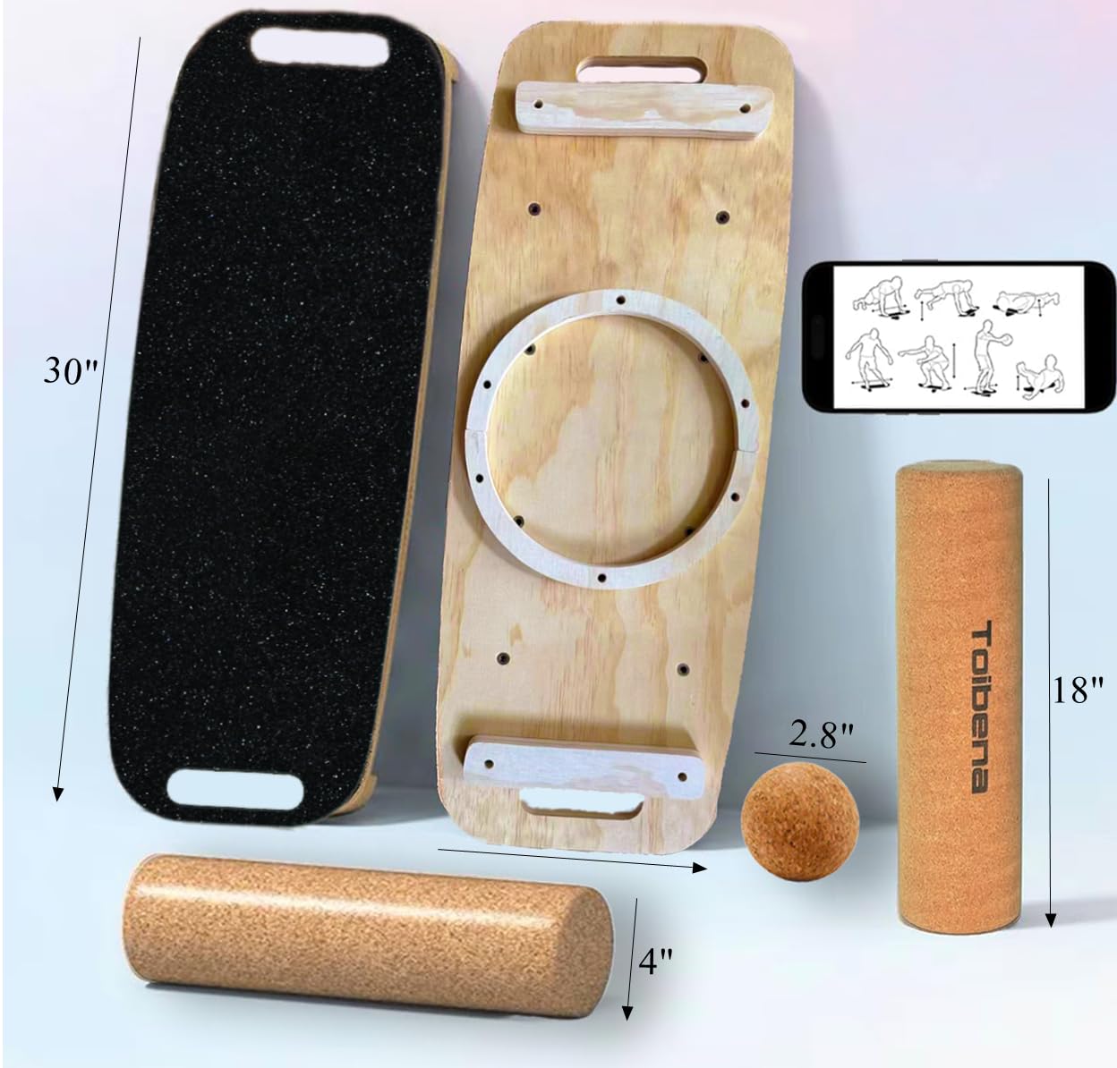 Toibena Balance Board Wooden &8 modes Trainer with Cork Roller Load 350Lbs