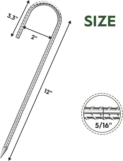 12 inches Ground Stakes Heavy Duty 28 Pieces Metal Fence Rebar Stake 5/16" Diameter J Hook Ground Spikes, Tent Stakes, Swing Set and Gazebo Anchors